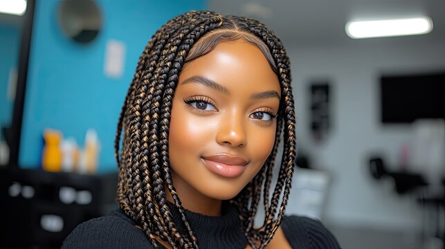 Beautiful young black woman showing knotless braids hairstyle in hair salon