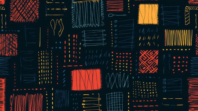 116.Seamless pattern of various sewing machine stitches, from straight to zigzag, displayed in a clean, orderly grid format with consistent line widths, creating a versatile textile or background