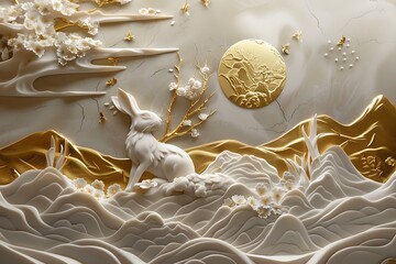 Elegant Rabbit Sculpture in Golden Landscape with Floral Design