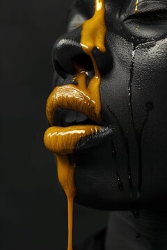 Fashion photography featuring vantablack and dripping gold with surreal minimalism and an ethereal dreamy atmosphere