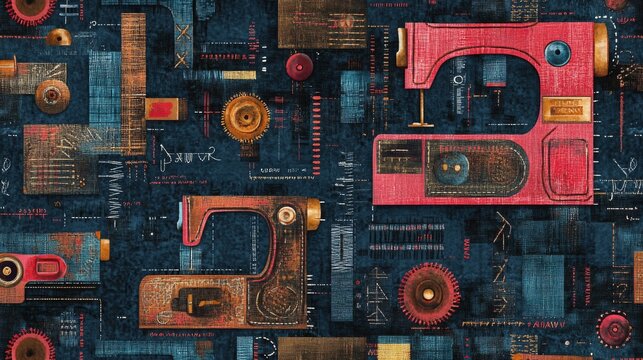 120.Patterned background showcasing a variety of sewing machine stitch designs, arranged in a repetitive, flowing sequence, with consistent spacing and line thickness, perfect for fabric and digital