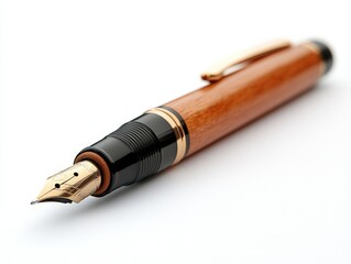 A close-up of a wooden fountain pen with a gold nib, symbolizing writing and creativity.