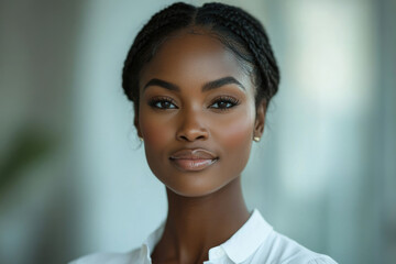 Portrait of a young Black woman with braided hair, wearing a white shirt, looking directly at the camera.