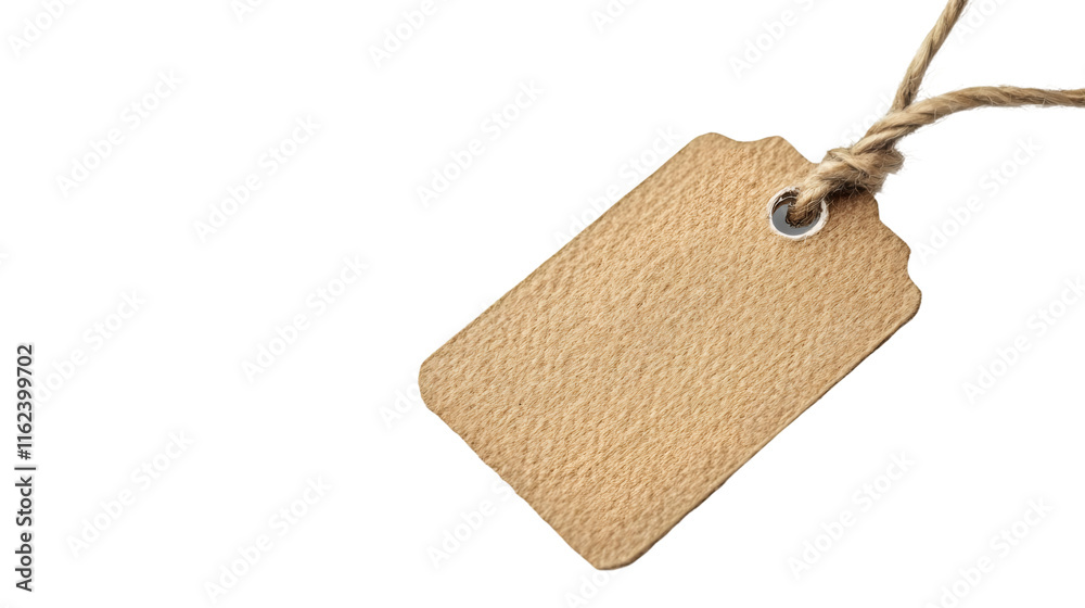 Poster rustic beige cardboard price tag with metallic eyelet, dangling string against clean transparent bac