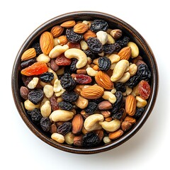 Trail Mix Bowl: A top view of a rustic bowl overflowing with a vibrant mix of almonds, cashews, raisins, and dried apricots, perfect for healthy snacking or a nutritious addition to any meal. 