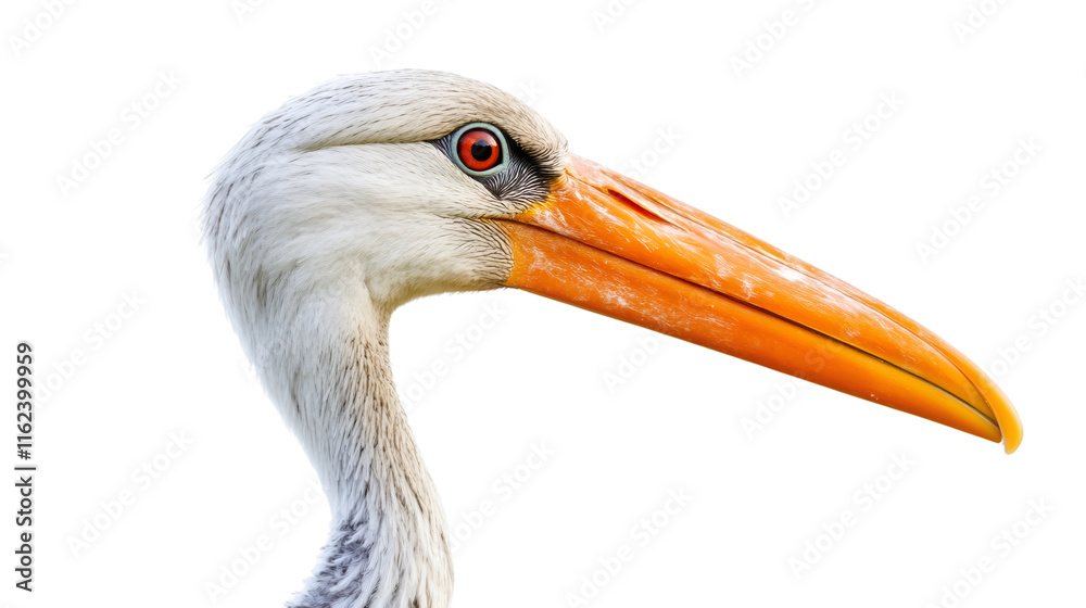 Poster close-up of milky stork displaying its distinctive orange beak, isolated on a transparent background