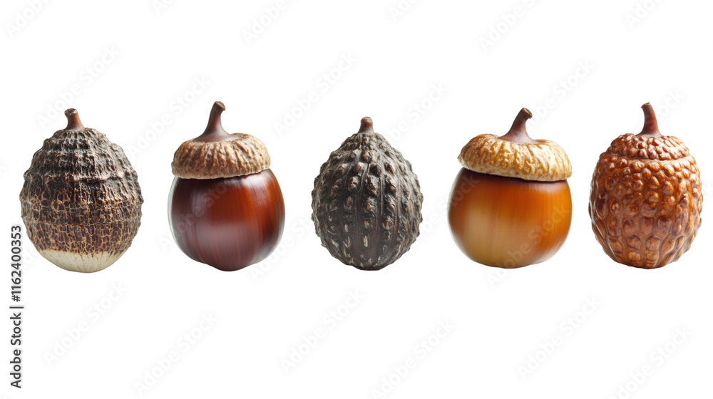 Poster five acorns, some with cupule and some without, isolated on transparent background, perfect for autu
