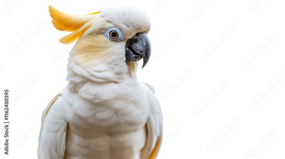 Poster close-up of a beautiful citron-crested cockatoo showing its characteristic yellow crest, isolated on
