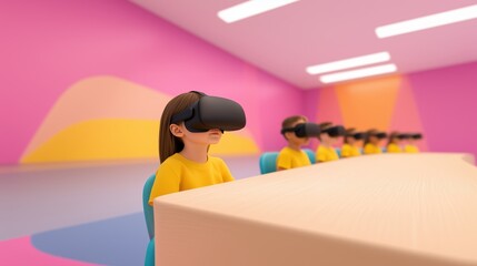 Augmented Reality in Classroom Education: Students Engaged with Virtual Reality Headsets Learning in a Colorful Modern Setting for Creative Immersive Experiences