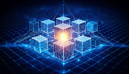 Stunning abstract image depicting interconnected data cubes in a futuristic network.  Perfect for illustrating concepts of blockchain, networking, AI, big data, or digital transformation.