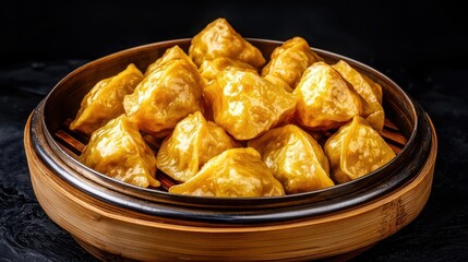 Chinese New Year Food Concept, Steaming Plate of Golden Dumplings Arranged Neatly on a Wooden Tray with a Dark Background