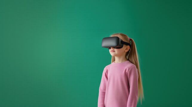 Young Girl Experiencing Virtual Reality with Headset in Classroom Setting on Green Background Highlighting Educational Technology and Innovation in Augmented Reality Education - Powered by Adobe