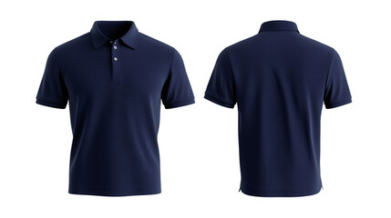 Polo shirt mockup displaying front and back views, blue colored garment rendered on transparent backdrop for design presentation