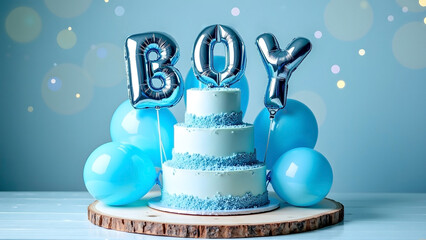 Blue themed baby boy gender reveal party greeting card invitation template with colorful cake and shiny balloons. Baby shower background.