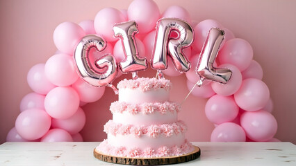 Pink themed baby girl gender reveal party greeting card invitation banner template with colorful cake and shiny balloons. Baby shower background.