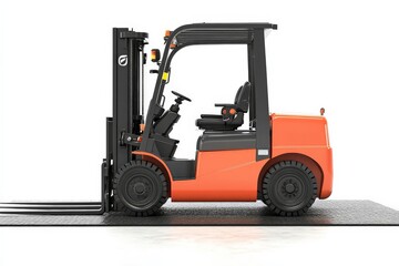 Fototapeta premium A side view of an orange forklift on a textured surface, designed for lifting and transporting.