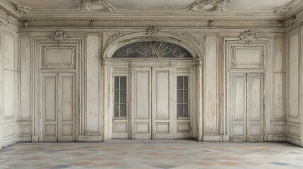 Obraz premium Ornate antique interior with weathered white paneled walls, arched doorway, and diamond patterned floor.