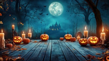 Enchanted Halloween Night: Jack-o'-lanterns and a spooky castle under the full moon.