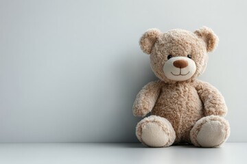 Obraz premium A soft teddy bear sits on a shelf against a plain background, evoking comfort and nostalgia.