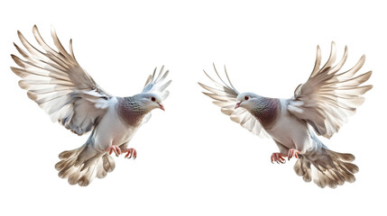 Obraz premium Two pigeons with open wings flying on transparent background, perfect for photo manipulations
