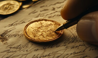 Hand signing a gold coin on antique letter.