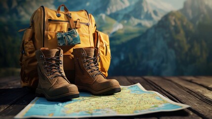 Fototapeta premium Backpack Boots Map Prepare Mountain Adventure Trip