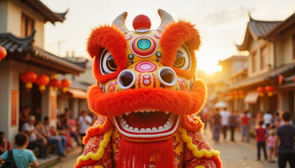 Obraz premium Lion dance performance during festive street celebration