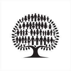 set of  black vector family tree silhouette with interconnected branches and roots