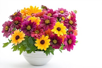 Obraz premium Vibrant Colorful Flower Bouquet in White Ceramic Bowl on White Background