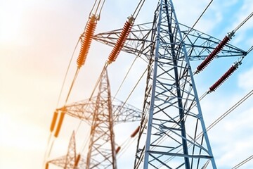 High-voltage power lines and transmission towers against a bright sky.