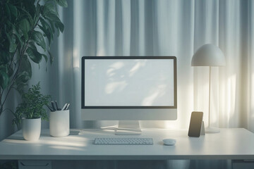 Obraz premium This minimalist desk setup showcases a desktop computer surrounded by greenery for a nature-inspired work environment