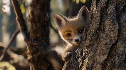 Adorable Fox Kit Peeking From Behind Tree Trunk