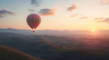 Fototapeta premium Hot Air Balloon Soaring Over Rolling Hills at Sunset
