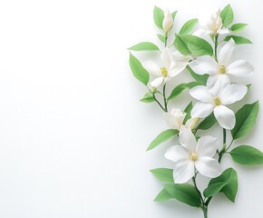 Fototapeta premium White magnolia blossoms and green leaves arranged on a white background.