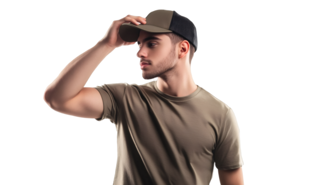 Military personnel wearing camouflage shirt, adjusting peaked cap, gazing sideways against transparent backdrop