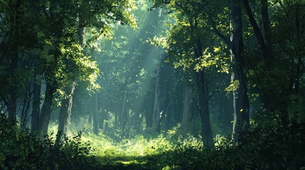 Obraz premium Sunlit Path Through A Lush Green Forest