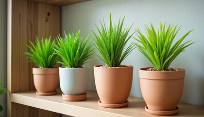 Obraz premium Green potted plants on wooden shelf