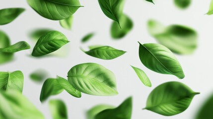 Fototapeta premium Fresh green leaves falling in from above.