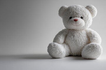 A soft, white teddy bear sits against a simple, light background, evoking comfort and nostalgia.