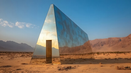 Surrealistic 3D geometric shapes in a desert landscape, showcasing futuristic and artistic designs...