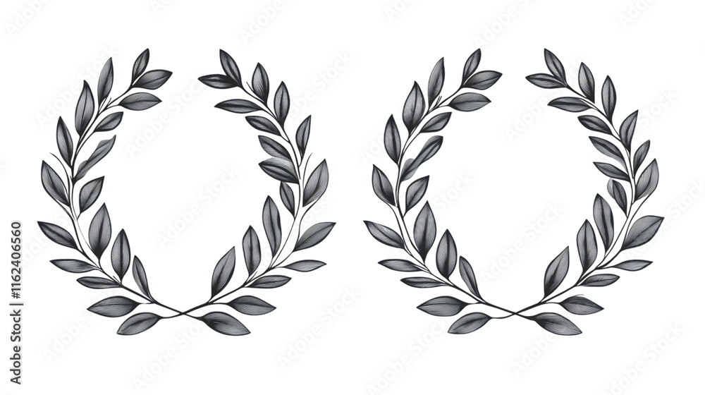 Poster Circular laurel wreaths with monochrome leaves creating an elegant and minimalist design on a transparent background