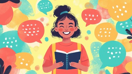 Happy Girl Reading Book Surrounded Colorful Speech Bubbles