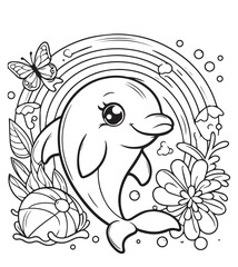 Obraz premium coloring book cute dolphin with rainbow nature 