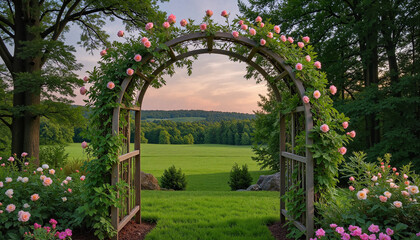 Fototapeta premium Garden arch adorned with roses overlooking scenic landscape