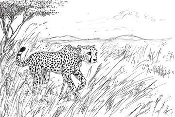 A Cheetah Stalking Through Tall Grass in the African Savanna, Illustrated in Black and White.