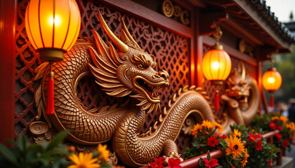 Fototapeta premium Golden dragon sculpture with lanterns and flowers
