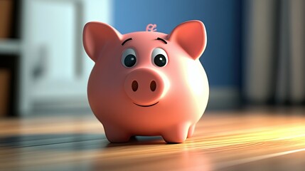 A cute piggy bank sitting on a wooden table with a soft blue background, symbolizing savings.