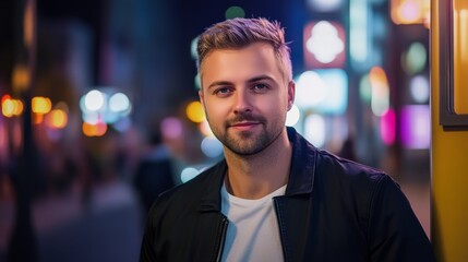 Fototapeta premium Stylish man standing in urban nightlife scene.