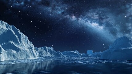 Icebergs and starry night sky, Milky Way