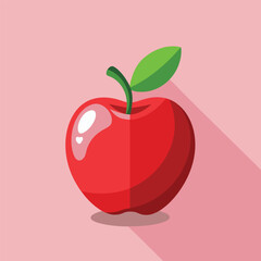 Bright Red Cartoon Apple Illustration with Green Leaf on Pink Background